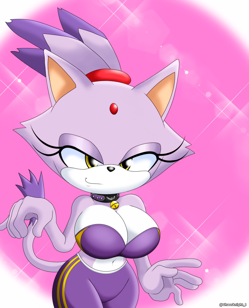 absurd_res anthro bell big_breasts blaze_the_cat bra breasts clothed clothing curvy_figure domestic_cat felid feline felis female hi_res jewelry jingle_bell mammal necklace purple_body seductive_eyes seductive_smile sega simple_background solo sonic_the_hedgehog_(series) sports_bra sportswear the_knight underwear video_games voluptuous yellow_eyes