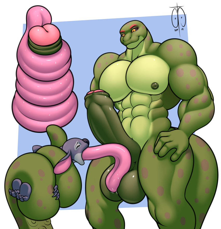 2019 5_fingers absurd_res alien ambiguous_gender anthro balls black_sclera blue_body blue_claws claws disney experiment_(lilo_and_stitch) fingers foreskin freckles_(artist) genitals green_body green_nipples hi_res humanoid_genitalia humanoid_penis larger_male licking lilo_and_stitch lizard long_tongue male male/ambiguous muscular muscular_anthro muscular_male nipples oral pawpads penile penis penis_lick pink_tongue reptile scalie sex signature size_difference smaller_male spots stitch_(lilo_and_stitch) toe_claws tongue tongue_out uncut yellow_eyes