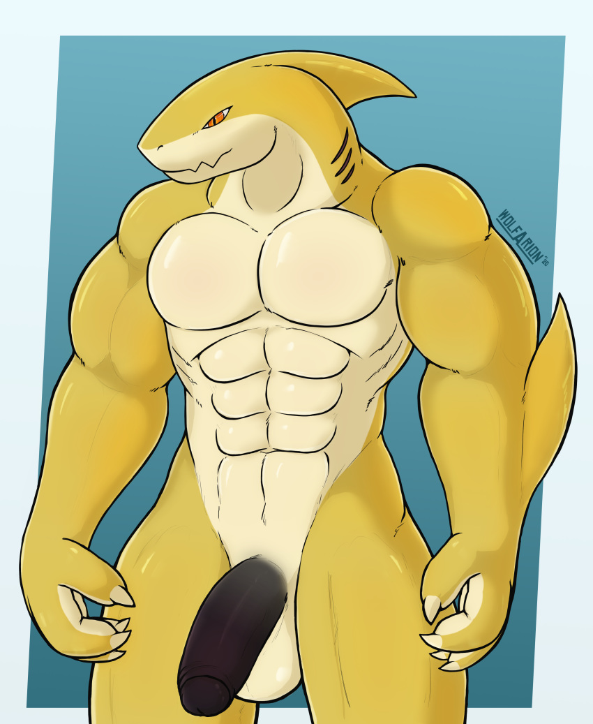 2020 abs absurd_res anthro balls big_penis black_penis claws colored fin fish genitals gills gradient_background hi_res looking_aside male marine multicolored_body muscular muscular_anthro muscular_male orange_eyes penis shark signature simple_background smile solo standing white_body wolfarion yellow_body