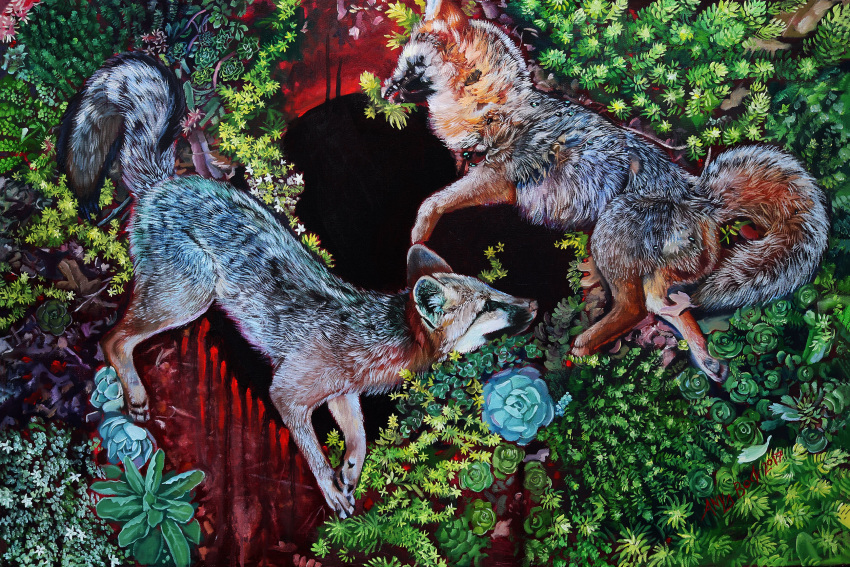 3:2 ambiguous_gender anyaboz canid canine duo feral flower fox grey_fox hi_res mammal oil_painting_(artwork) painting_(artwork) plant realistic traditional_media_(artwork) urocyon