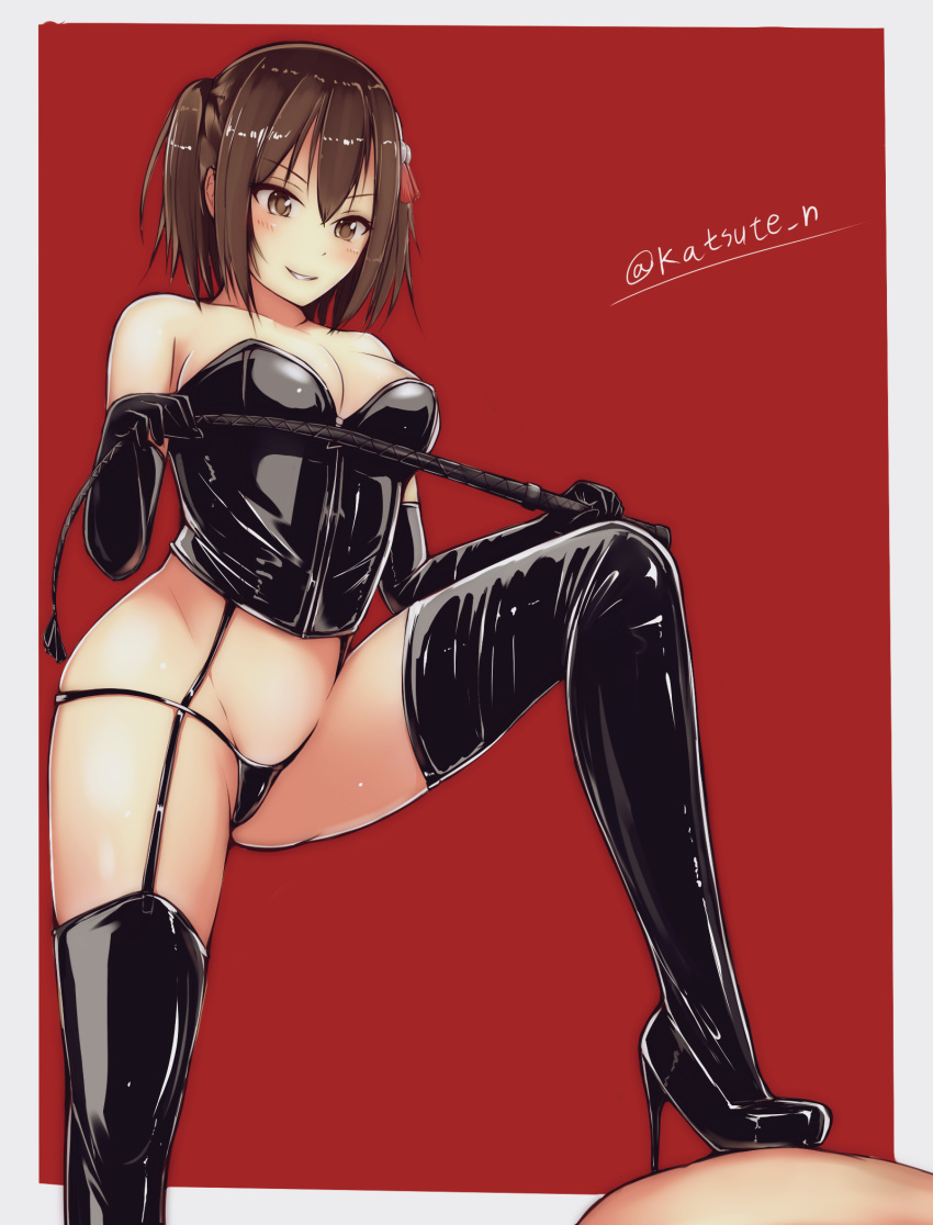 1girl alternate_costume black_bustier black_footwear black_gloves black_legwear black_panties breasts brown_eyes brown_hair bustier dominatrix elbow_gloves femdom gloves hair_ornament high_heels highres holding holding_whip kantai_collection katsuten latex latex_gloves latex_legwear latex_panties medium_breasts panties red_background sendai_(kantai_collection) solo_focus stepped_on thighhighs two_side_up underwear whip