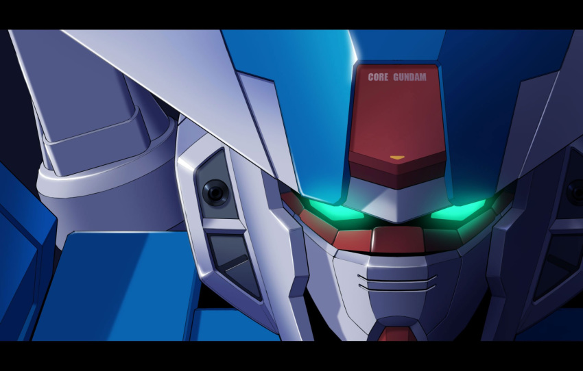 aqua_eyes beam_saber border close-up earthree_gundam g.yamamoto glowing glowing_eyes gundam gundam_build_divers gundam_build_divers_re:rise highres holstered_weapon mecha no_humans science_fiction solo