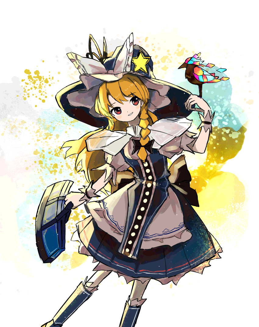 1girl abstract_background absurdres adapted_costume bag bird bird_on_hand blonde_hair blue_dress bow braid breasts capelet commentary_request dress eyebrows_visible_through_hair feet_out_of_frame hat hat_bow highres holding holding_bag kirisame_marisa long_hair looking_to_the_side neruzou oota_jun'ya_(style) parted_lips red_eyes simple_background single_braid small_breasts smile solo standing standing_on_one_leg star_(symbol) touhou white_background white_bow witch_hat wrist_guards