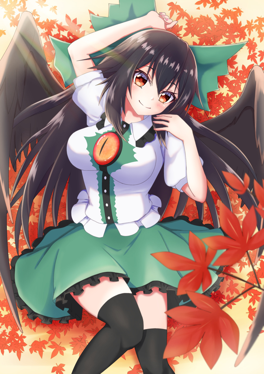 1girl absurdres arm_above_head bird_wings black_hair black_legwear black_wings blouse blush bow breasts commentary_request feet_out_of_frame green_bow green_skirt hair_between_eyes hair_bow head_tilt highres knees_together_feet_apart large_breasts leaf light_rays long_hair looking_at_viewer lying maple_leaf o1118 on_back puffy_short_sleeves puffy_sleeves red_eyes reiuji_utsuho short_sleeves skirt smile solo thighhighs touhou very_long_hair white_blouse wings zettai_ryouiki
