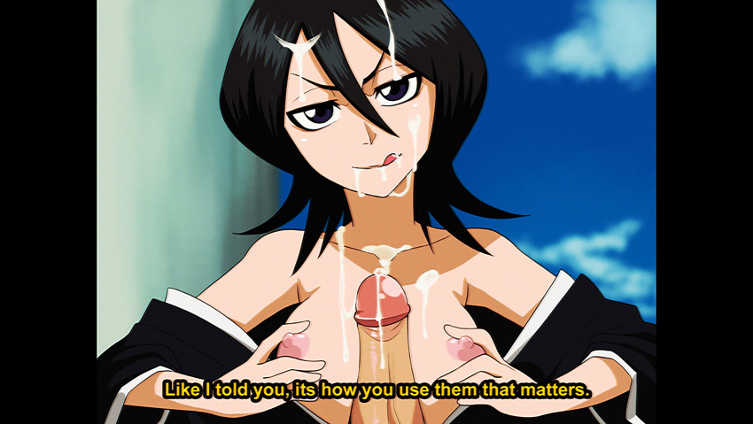 1boy 1girl :q absurdres bare_shoulders black_hair bleach blue_eyes breasts commission cum cum_on_body cum_on_breasts cum_on_hair dirty_ero facial highres kuchiki_rukia looking_at_viewer nipples paizuri penis pov short_hair sky small_breasts subtitled tongue tongue_out