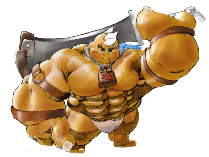 2018 4:3 bigdudeart biped blood bodily_fluids breath_of_the_wild bulge clothing goron hi_res humanoid loincloth male muscular muscular_humanoid muscular_male nintendo nipples not_furry pecs solo the_legend_of_zelda video_games weapon yunobo