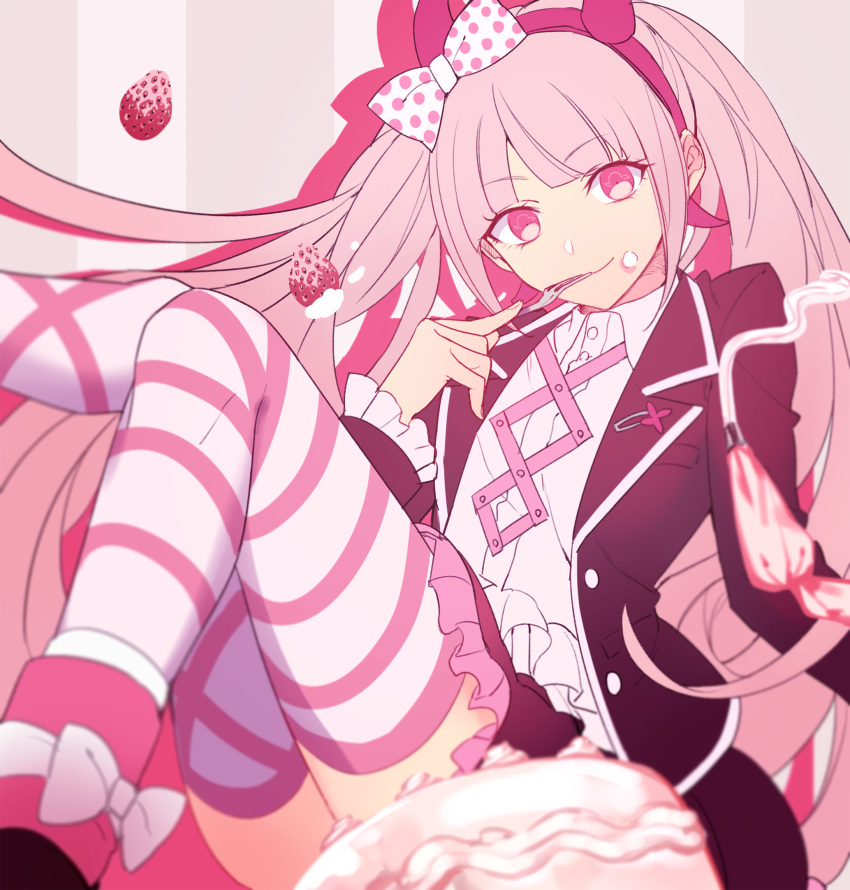 1girl aokiku bow cake collared_shirt danganronpa eyebrows_visible_through_hair fake_horns food food_on_face fork frilled_sleeves frills fruit hair_bow hairband head_tilt highres horns icing jacket leg_up long_hair long_sleeves open_clothes open_jacket pastry_bag pink_eyes pink_hair polka_dot polka_dot_bow shirt smile solo strawberry striped striped_background striped_legwear thighhighs twintails utensil_in_mouth utsugi_kotoko very_long_hair zettai_zetsubou_shoujo