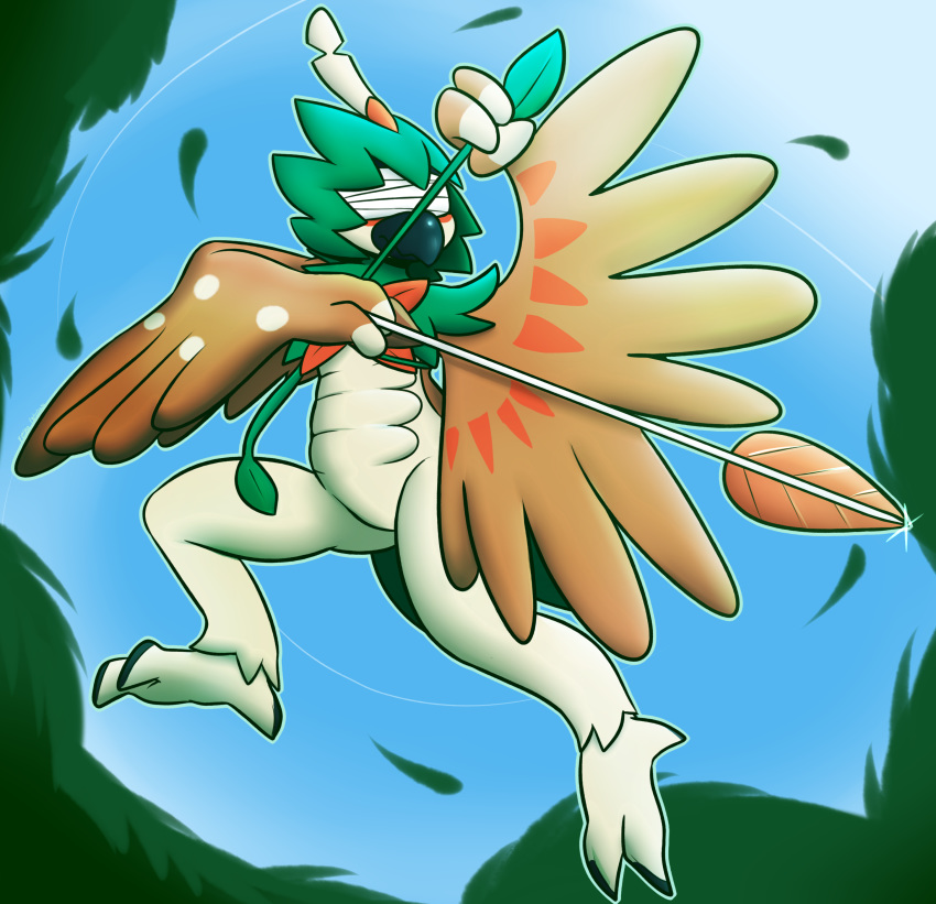 2020 3_fingers 3_toes absurd_res action_pose aiming anthro arrow avian black_claws blindfold bow_(weapon) brown_body brown_feathers claws decidueye feathers featureless_crotch felino fingers green_body green_feathers hi_res hind_toe leaf male markings midair motion_lines nintendo outside pok&eacute;mon pok&eacute;mon_(species) pose ranged_weapon red_body red_feathers red_markings shade_(invalidnickname) sky solo tan_body tan_feathers toe_claws toes video_games weapon white_body white_feathers