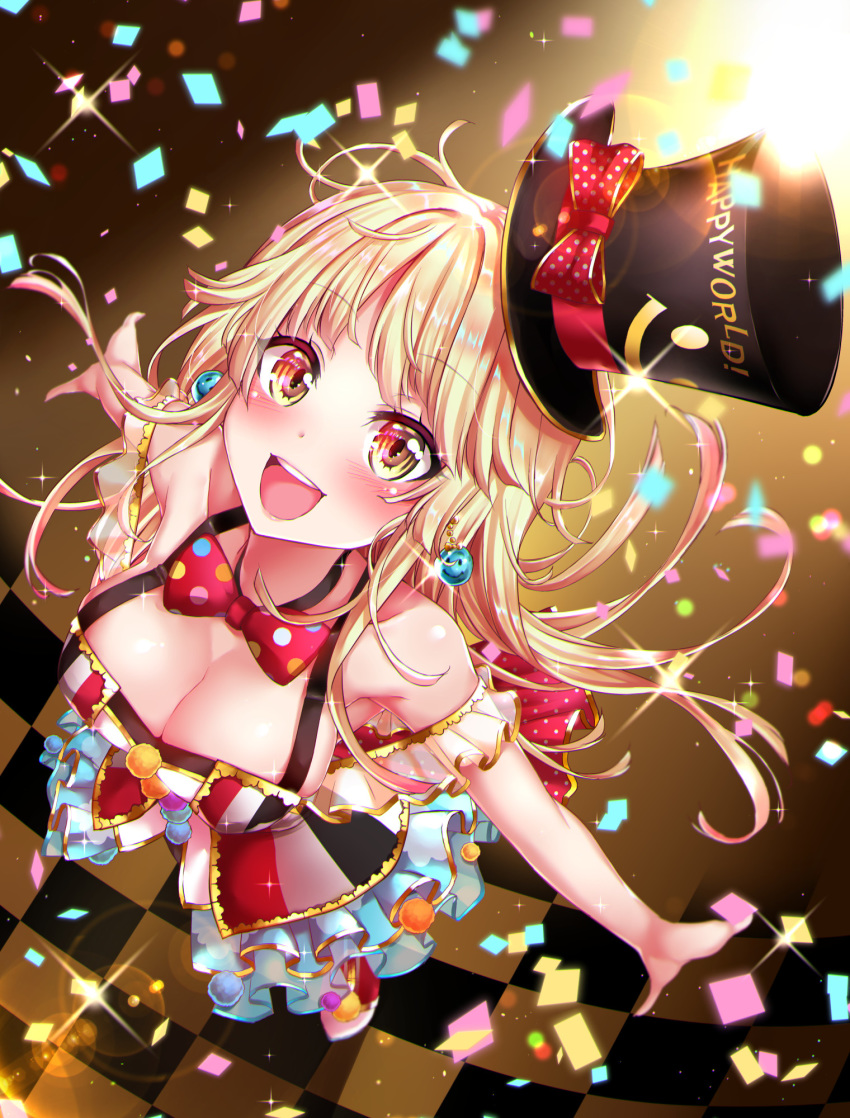 1girl :d bang_dream! bangs bare_shoulders blonde_hair blush bow bowtie breasts checkered checkered_floor cleavage confetti earrings eyebrows_visible_through_hair frilled_skirt frills from_above hat hat_bow highres jewelry kamita long_hair looking_at_viewer medium_breasts open_mouth outstretched_arms planet_earrings polka_dot polka_dot_bow polka_dot_neckwear sidelocks skirt sleeveless smile solo spread_arms top_hat tsurumaki_kokoro yellow_eyes