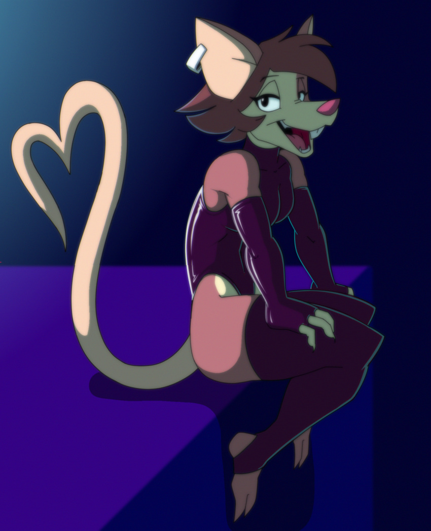 animaniacs_(2020) anthro clothing ear_piercing female gloves handwear hi_res julia julia_brain latex_armwear latex_clothing latex_gloves latex_legwear latex_stockings mammal murid murine piercing rat rodent solo spazman