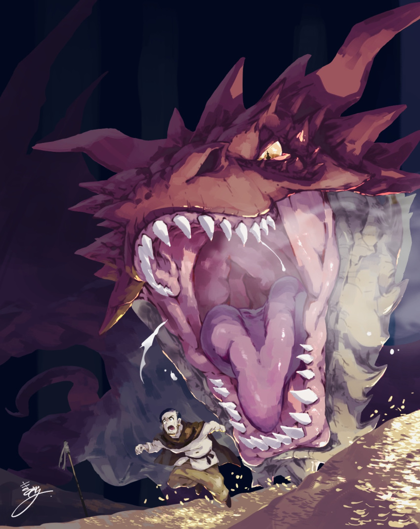 2020 breath dera_kimidori dragon duo feral hi_res human j._r._r._tolkien larger_feral macro male mammal middle-earth_(tolkien) mouth_shot open_mouth pink_tongue red_body red_scales running running_away scales scalie sharp_teeth size_difference smaller_human smaug teeth the_hobbit tongue treasure_hoard western_dragon yellow_sclera