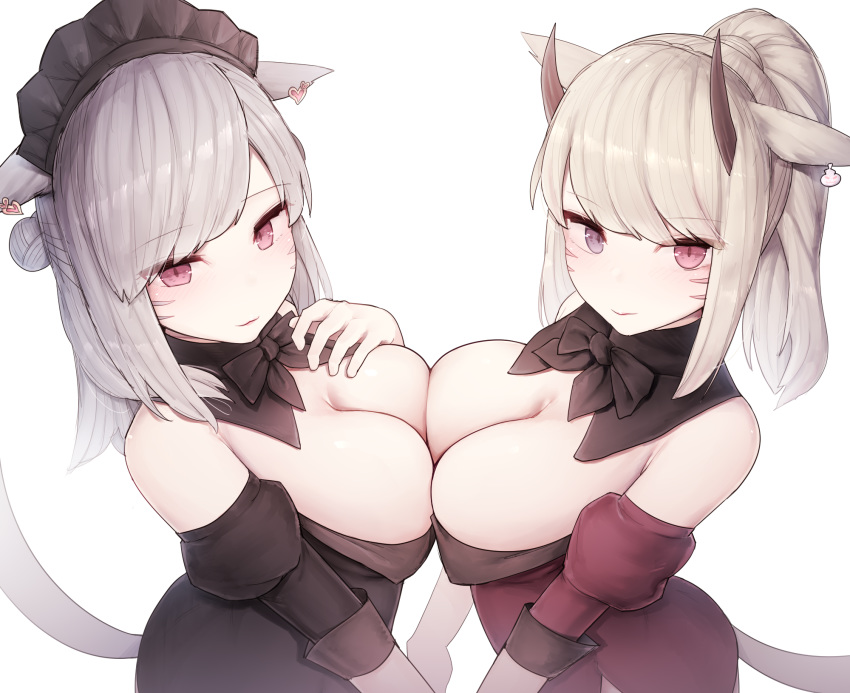 2girls animal_ears bicolored_eyes blush bow breast_hold breasts cat_smile catgirl cleavage cropped final_fantasy final_fantasy_xiv gray_hair headdress horns miqo'te ponytail red_eyes rot_lapin short_hair signed tail white