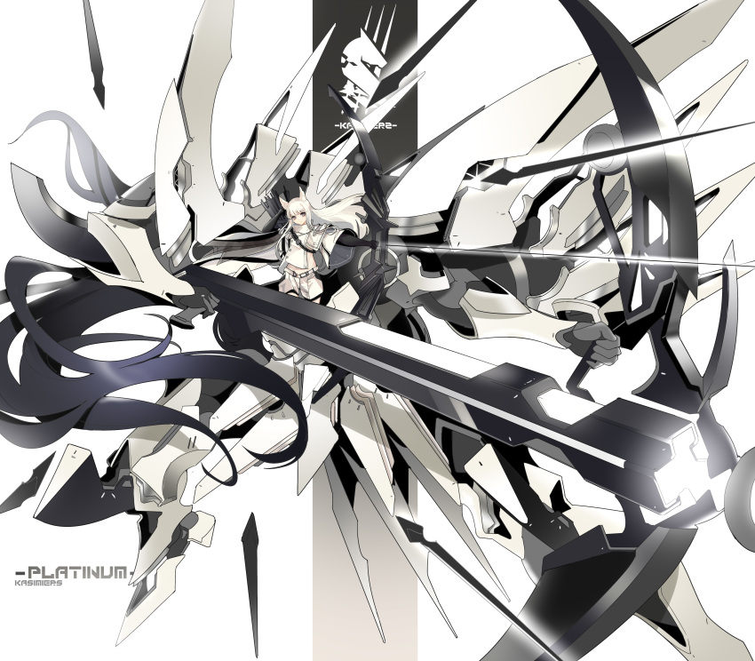 1girl absurdres animal_ear_fluff animal_ears arknights bangs bow bow_(weapon) character_name commentary_request eyebrows_visible_through_hair highres holding holding_bow_(weapon) holding_weapon horse_ears long_hair looking_at_viewer mecha midriff platinum_(arknights) shinnasuka025 shorts silver_hair solo weapon