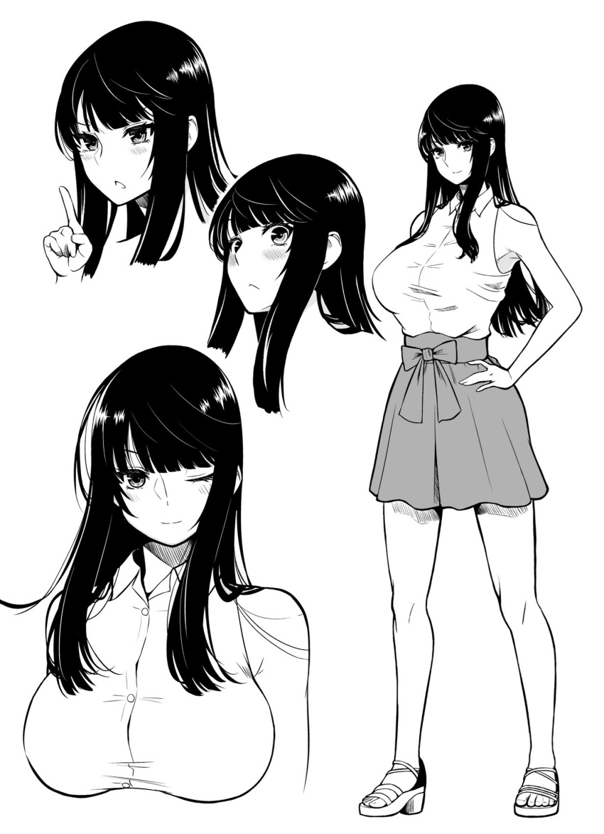 1girl bang bangs bare_shoulders blunt_bangs blush bow breasts closed_mouth collared_shirt commentary_request dress_shirt finger_gun full_body greyscale hand_on_hip high_heels highres index_finger_raised large_breasts long_hair miniskirt mogamicoji monochrome multiple_views one_eye_closed open_mouth open_toe_shoes original shirt sidelocks skirt sleeveless sleeveless_shirt smile standing thighs white_background