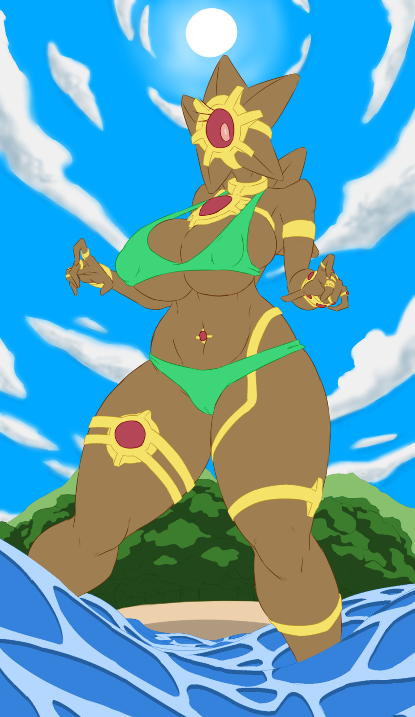 anthro asterozoan beach big_breasts bikini bracelet breasts brown_body camel_toe cheese_cake choker clothed clothing cloud cnidarian cyclops echinoderm female gem genital_outline gold_(metal) hi_res humanoid jewelry looking_at_viewer looking_down marine mountain navel navel_piercing necklace nintendo nipple_outline partially_clothed piercing pok&eacute;mon pok&eacute;mon_(species) pussy_outline red_eyes ring sand seaside sky solo solo_focus starfish staryu sun swimwear tree under_boob video_games water