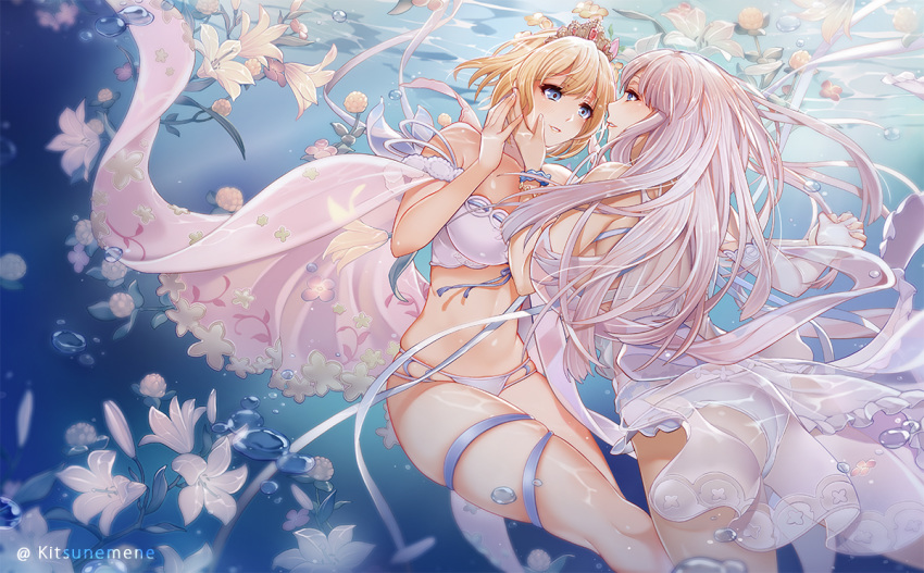 2girls bangs bare_shoulders bikini blonde_hair blue_eyes blue_ribbon blue_scrunchie breasts commentary_request crown dress europa_(granblue_fantasy) eyebrows_visible_through_hair flower gabriel_(granblue_fantasy) granblue_fantasy grin hand_on_another's_cheek hand_on_another's_face holding_hands interlocked_fingers large_breasts multiple_girls nazo_kitsune panties ribbon scrunchie see-through short_hair silver_hair smile strap_slip swimsuit thigh_strap thighs tiara underwater underwear water white_bikini white_dress white_panties