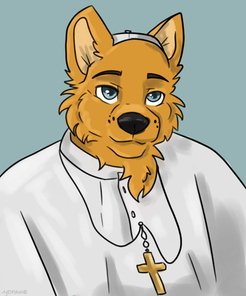 anthro canid canine canis clothed clothing cross cross_necklace fur hi_res jewelry john_paul_the_ii male mammal necklace pope simple_background solo unknown_artist
