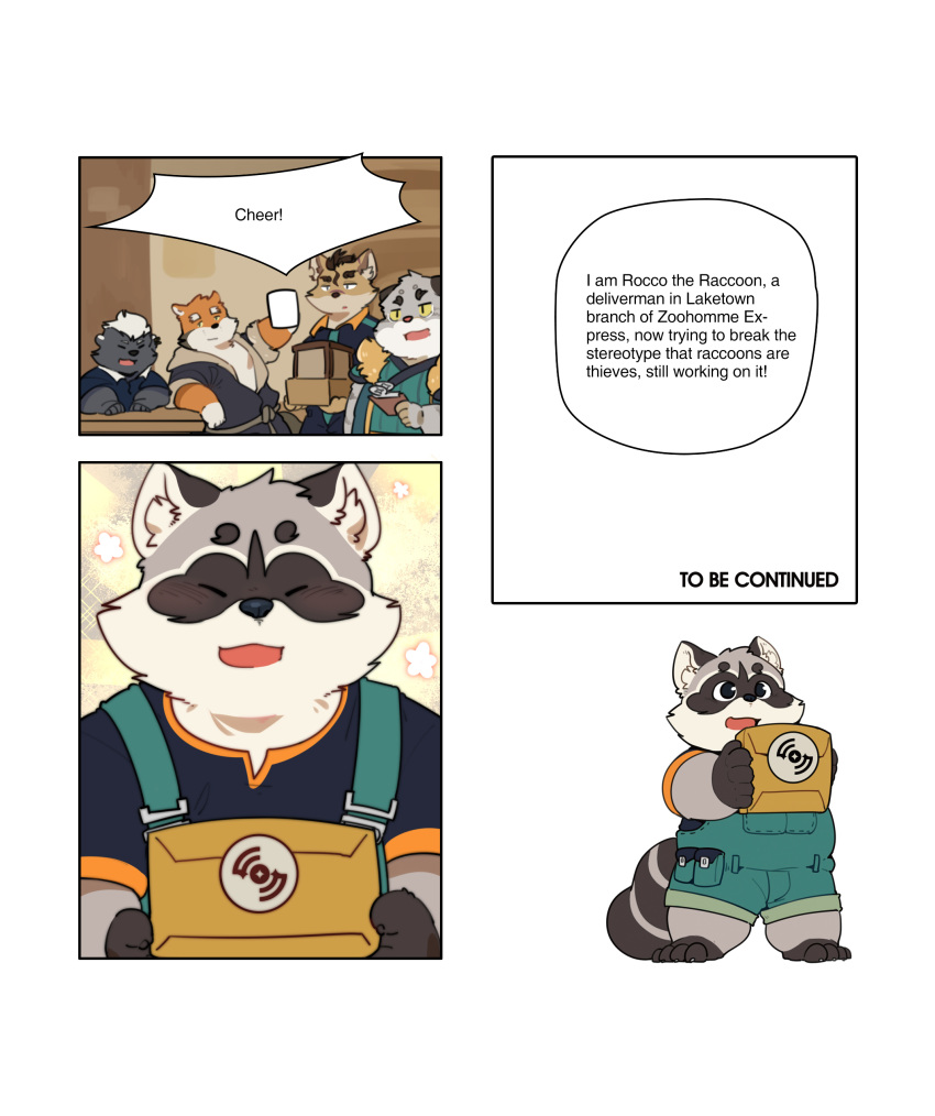 2020 absurd_res anthro black_nose bonasiah canid canine clothing comic deebo_(zoohomme) english_text eyes_closed felid feline group hi_res kemono kura_(zoohomme) male mammal overalls procyonid quanjiang raccoon ratye_(zoohomme) rocco_(zoohomme) slightly_chubby text woopu_(zoohomme) zoohomme