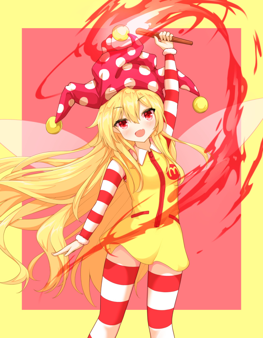 1girl :d arm_above_head arm_at_side blonde_hair blush border breasts clownpiece commentary_request cosplay dress eyebrows_visible_through_hair fairy_wings fang feet_out_of_frame hair_between_eyes hat highres holding holding_torch jester_cap long_hair looking_at_viewer mcdonald's open_mouth pink_headwear polka_dot red_background red_eyes ronald_mcdonald ronald_mcdonald_(cosplay) shiny shiny_hair simple_background skin_fang small_breasts smile solo standing striped striped_legwear striped_sleeves thighhighs tilt_gyx torch touhou very_long_hair wings yellow_dress zettai_ryouiki zipper_pull_tab