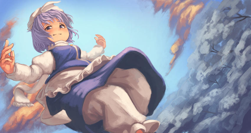 1girl absurdres blue_skirt day dutch_angle feet_out_of_frame fujimi_nao grey_hair hat highres huge_filesize letty_whiterock light_smile long_sleeves looking_at_viewer outdoors scarf silver_eyes skirt touhou white_headwear white_scarf winter