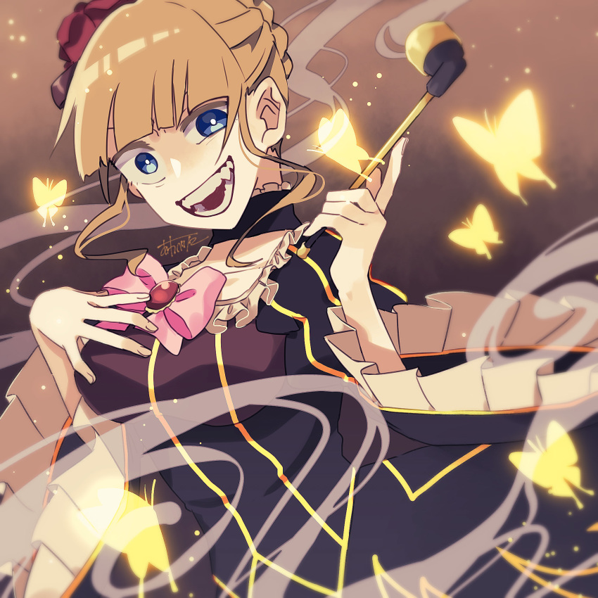 1girl beatrice_(umineko) blonde_hair blue_eyes bow braid braided_bun choker collarbone dress frilled_choker frilled_dress frills grin hair_ornament highres kiseru momotarekawa pink_bow pipe puffy_sleeves smile smoke_trail solo umineko_no_naku_koro_ni yellow_butterfly