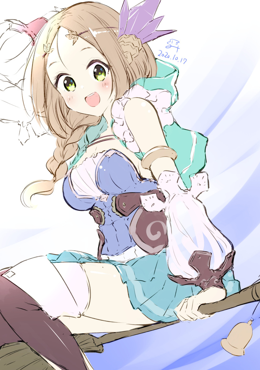 1girl :d absurdres arm_up atelier_(series) atelier_firis bangs bell blue_background blue_skirt blush braid breasts broom broom_riding brown_hair brown_legwear cleavage dated detached_sleeves feet_out_of_frame firis_mistlud forehead green_eyes hair_over_shoulder highres long_hair long_sleeves medium_breasts minidraco open_mouth parted_bangs pleated_skirt puffy_long_sleeves puffy_sleeves single_braid skirt smile solo thighhighs upper_teeth white_background white_legwear white_sleeves