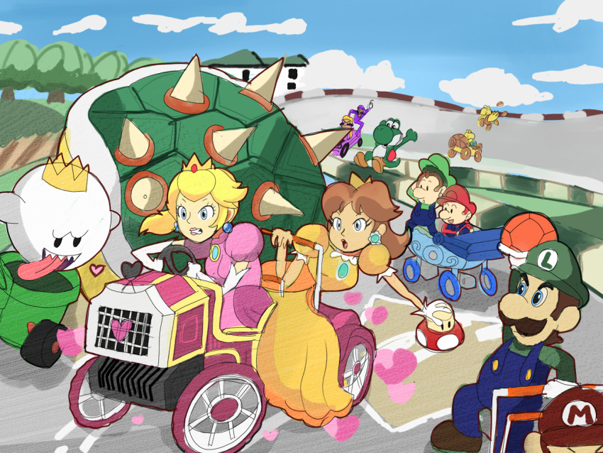 &lt;3 4:3 baby baby_carriage baby_luigi baby_mario blonde_hair blue_eyes boo_(mario) bowser's_shell brown_hair car clothing crown dress ear_piercing ear_ring facial_hair fangs female fungus ghost green_body green_skin hair hat headgear headwear human human_focus kart king king_boo koopa koopa_paratroopa koopa_shell koopa_troopa long_tongue luigi luigi's_mansion male mammal mario mario_bros mario_kart mario_kart:_double_dash!! mushroom mustache nintendo open_mouth piercing ponytail princess princess_peach race race_car red_shell retrorobosan royalty scalie shell spirit super_mushroom tongue turtle_shell vehicle video_games waluigi wario white_body white_skin wings yoshi young