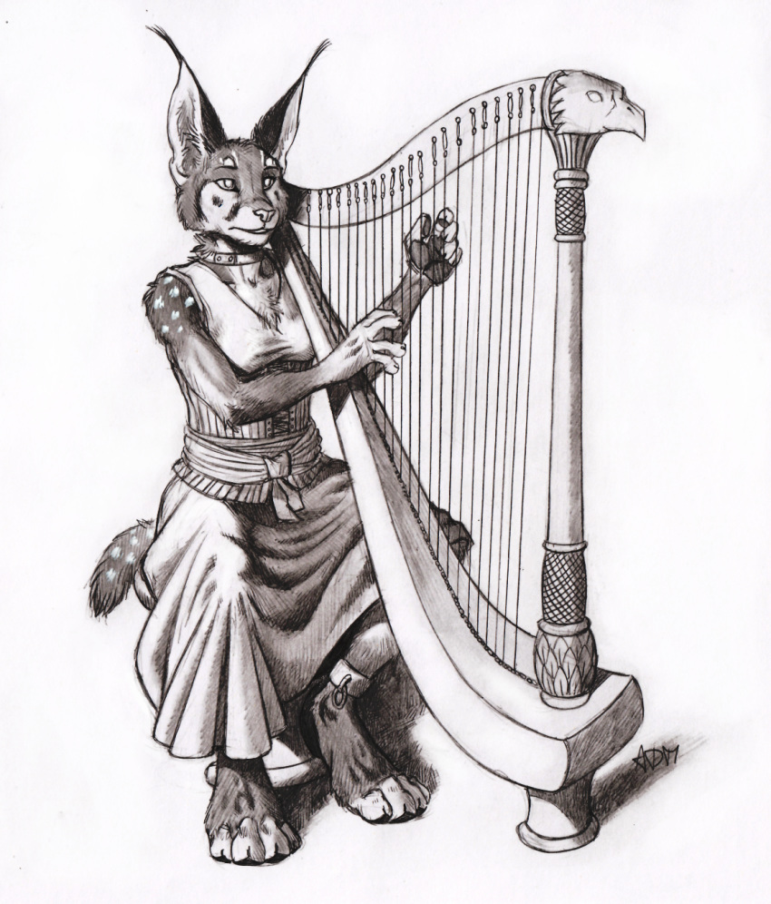 0laffson 2020 4_toes 5_fingers anthro breasts caracal caracal_(genus) felid feline female fingers fur harp hi_res mammal musical_instrument playing_music plucked_string_instrument simple_background sitting solo string_instrument toes traditional_media_(artwork) white_background