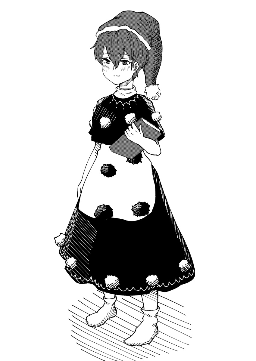 1girl absurdres arm_at_side black_dress black_eyes book doremy_sweet dress fujimi_nao greyscale hair_between_eyes hat highres holding holding_book monochrome santa_hat screentones short_hair simple_background socks solo standing touhou white_background