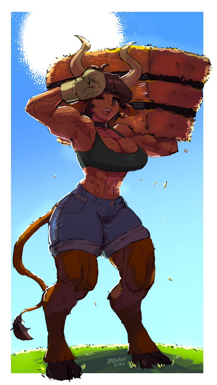 abs animal_humanoid biceps big_breasts biped bodily_fluids bottomwear bovid bovid_humanoid bovine bovine_humanoid bra breasts brown_body brown_fur brown_hair cleavage clothed clothing collar curvaceous curvy_figure cutoffs day denim denim_clothing dreaminerryday ear_piercing ear_ring female front_view fully_clothed fur gloves grass hair handwear happy hay hay_bale hi_res holding_object hooves horn humanoid looking_at_viewer mammal mammal_humanoid midriff monotone_hair muscular muscular_female muscular_humanoid one_eye_closed open_mouth open_smile outside piercing quads short_hair shorts sky small_waist smile solo sports_bra standing sun sweat tail_tuft tan_body tan_skin tuft underwear voluptuous wide_hips