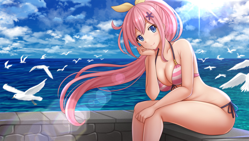 1girl animal bangs bare_arms bare_shoulders bikini bird blue_eyes blue_sky blush breasts cleavage closed_mouth cloud cloudy_sky collarbone commentary day eyebrows_visible_through_hair feet_out_of_frame hair_between_eyes hair_ribbon halter_top halterneck hand_up highres horizon kazenokaze leaning_forward long_hair medium_breasts ocean ochikobore_fruit_tart outdoors pink_hair ponytail ribbon sakura_ino side-tie_bikini sitting sky smile solo striped striped_bikini sunlight swimsuit very_long_hair water yellow_ribbon