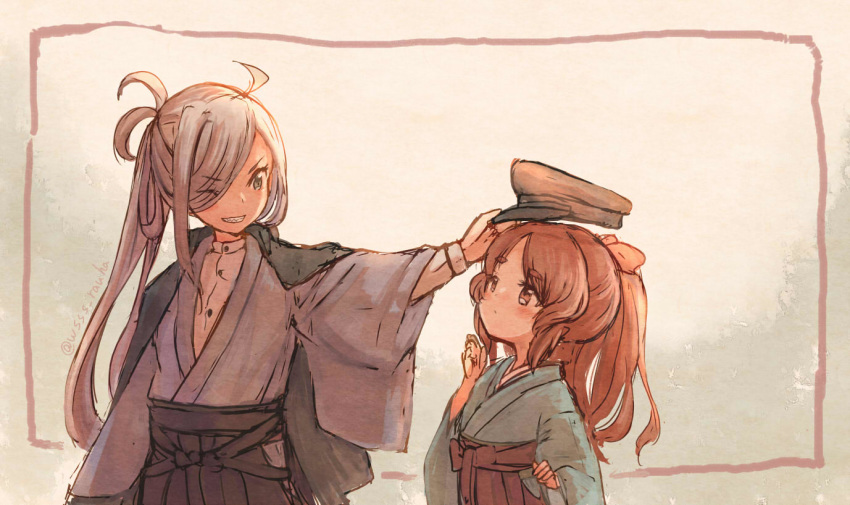 2girls ahoge aqua_kimono asashimo_(kantai_collection) brown_eyes brown_hair eyes_visible_through_hair grey_eyes grin hair_over_one_eye hat hat_removed headwear_removed japanese_clothes kantai_collection kimono long_hair multiple_girls one_eye_closed peaked_cap ponytail sharp_teeth silver_hair smile teeth wavy_hair wss_(nicoseiga19993411) yashiro_(kantai_collection)