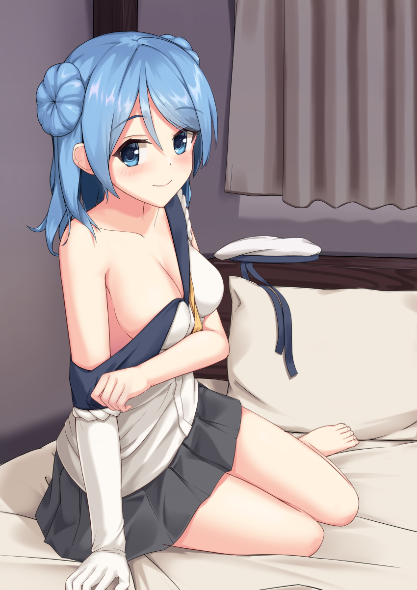 1girl absurdres bangs barefoot blue_eyes blue_hair blush breasts cleavage double_bun elbow_gloves gloves grey_skirt hat headwear_removed highres indoors kantai_collection kokenashi large_breasts long_hair looking_at_viewer neckerchief on_bed pillow pleated_skirt sailor_hat school_uniform serafuku single_glove sitting skirt sleeves_rolled_up smile solo swept_bangs urakaze_(kantai_collection) white_gloves white_headwear yellow_neckwear