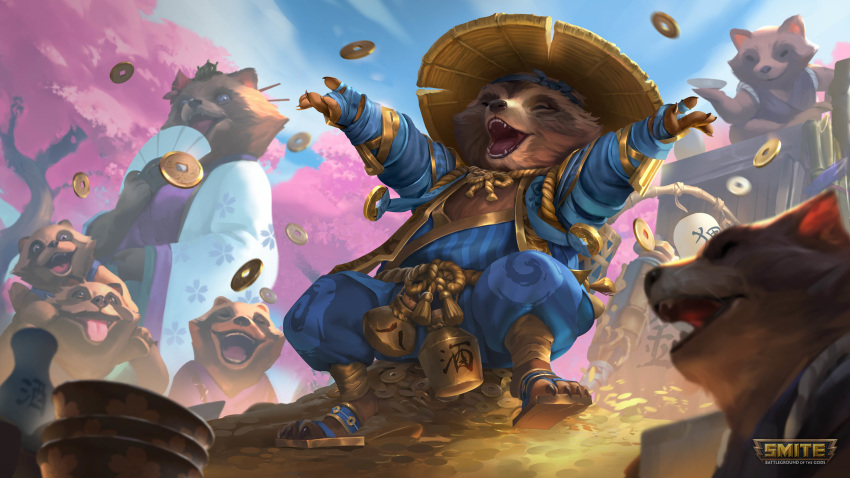 16:9 2020 4k absurd_res amazing_background anthro brown_body brown_fur canid canine clothing danzaburou-danuki_(smite) detailed_background eyes_closed fur group hat headgear headwear hi_res humanoid_hands mammal money official_art outside raccoon_dog robe sitting smite tanuki unknown_artist widescreen