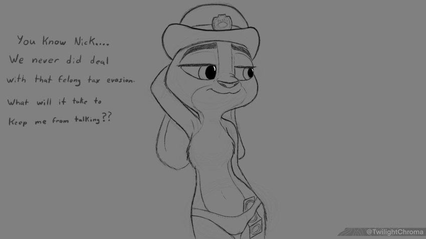 16:9 breasts clothing condom disney english_text female fur grey_body grey_fur hair hi_res judy_hopps lagomorph leporid mammal monochrome panties pose rabbit roleplay sexual_barrier_device simple_background solo suductive text twilightchroma underwear widescreen zootopia