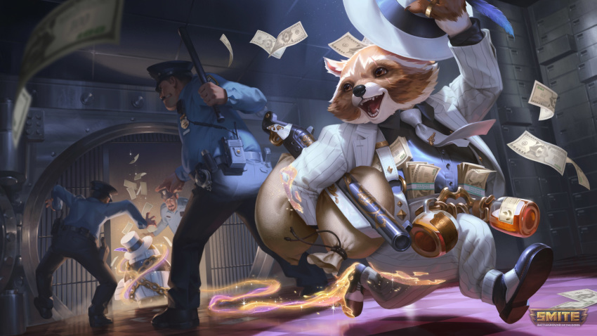 16:9 2020 4k absurd_res amazing_background anthro bottomwear brown_body brown_fur canid canine clothing danzaburou-danuki_(smite) detailed_background fur group hat headgear headwear hi_res human humanoid_hands inside magic male mammal money_bag official_art pants police police_baton police_hat police_officer police_uniform raccoon_dog smite tanuki uniform unknown_artist white_body white_fur widescreen