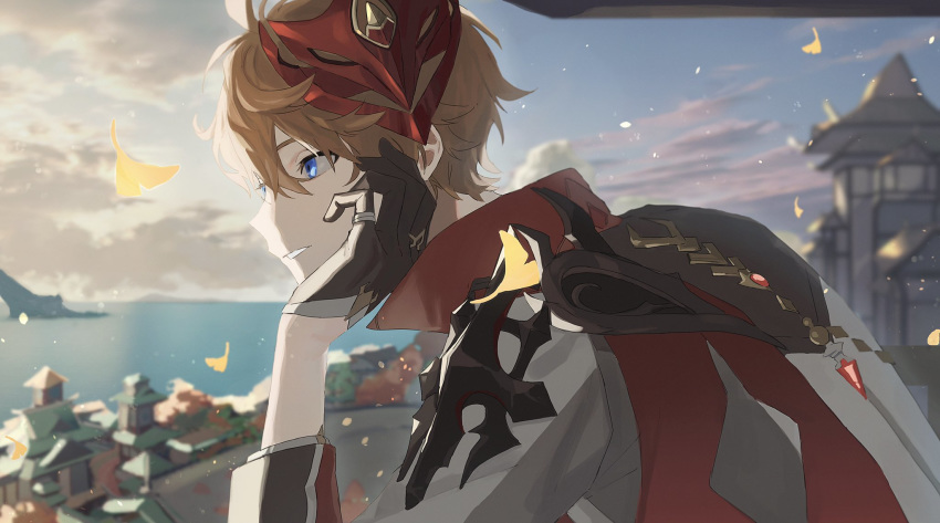 1boy bangs black_gloves blue_eyes blurry blurry_background building childe_(genshin_impact) chin_rest cloud day genshin_impact gloves hair_between_eyes highres jacket leaf male_focus mask mask_on_head mountain ocean orange_hair outdoors poi_poifu sky solo upper_body water