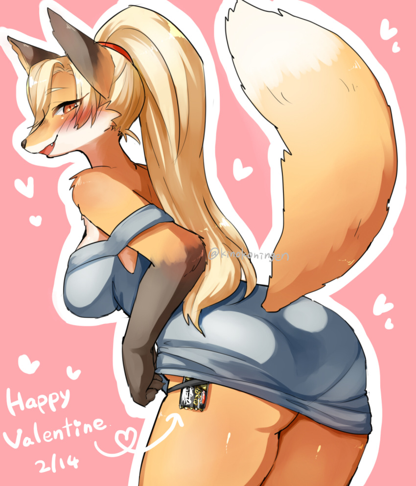 &lt;3 accessory anthro bare_shoulders big_breasts big_butt biped black_nose blonde_hair blush breasts brown_body brown_fur butt candy canid canine cheek_tuft clothed clothing cute_fangs dessert dipstick_ears dipstick_tail dress facial_tuft female fluffy fluffy_tail food fox fox's_sister_(kinokoningen) fur gloves_(marking) hair hair_accessory hairband hi_res holidays kemono kinokoningen long_hair looking_at_viewer looking_back mammal markings monotone_hair multicolored_body multicolored_ears multicolored_fur multicolored_tail open_mouth open_smile orange_body orange_fur pink_background ponytail raised_tail rear_view red_eyes simple_background smile solo standing tuft two_tone_ears two_tone_tail valentine's_day white_body white_fur