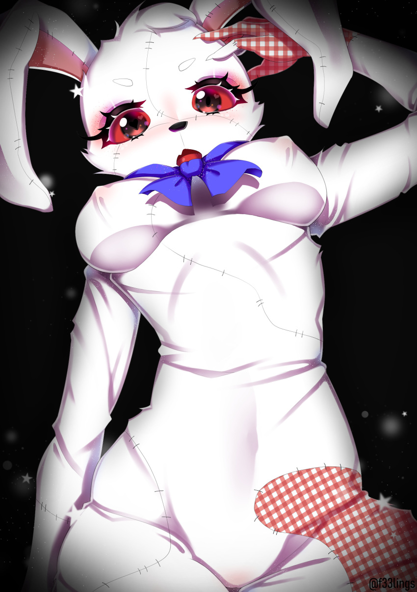 absurd_res anthro barely_visible_genitalia barely_visible_pussy bow_tie breasts camel_toe erect_nipples f33lings female five_nights_at_freddy's fur genitals head_tuft hi_res lagomorph leporid long_ears looking_at_viewer mammal multicolored_body multicolored_fur nipples open_mouth pussy rabbit red_eyes solo stitch_(disambiguation) tuft vanny_(fnaf) video_games white_body white_fur