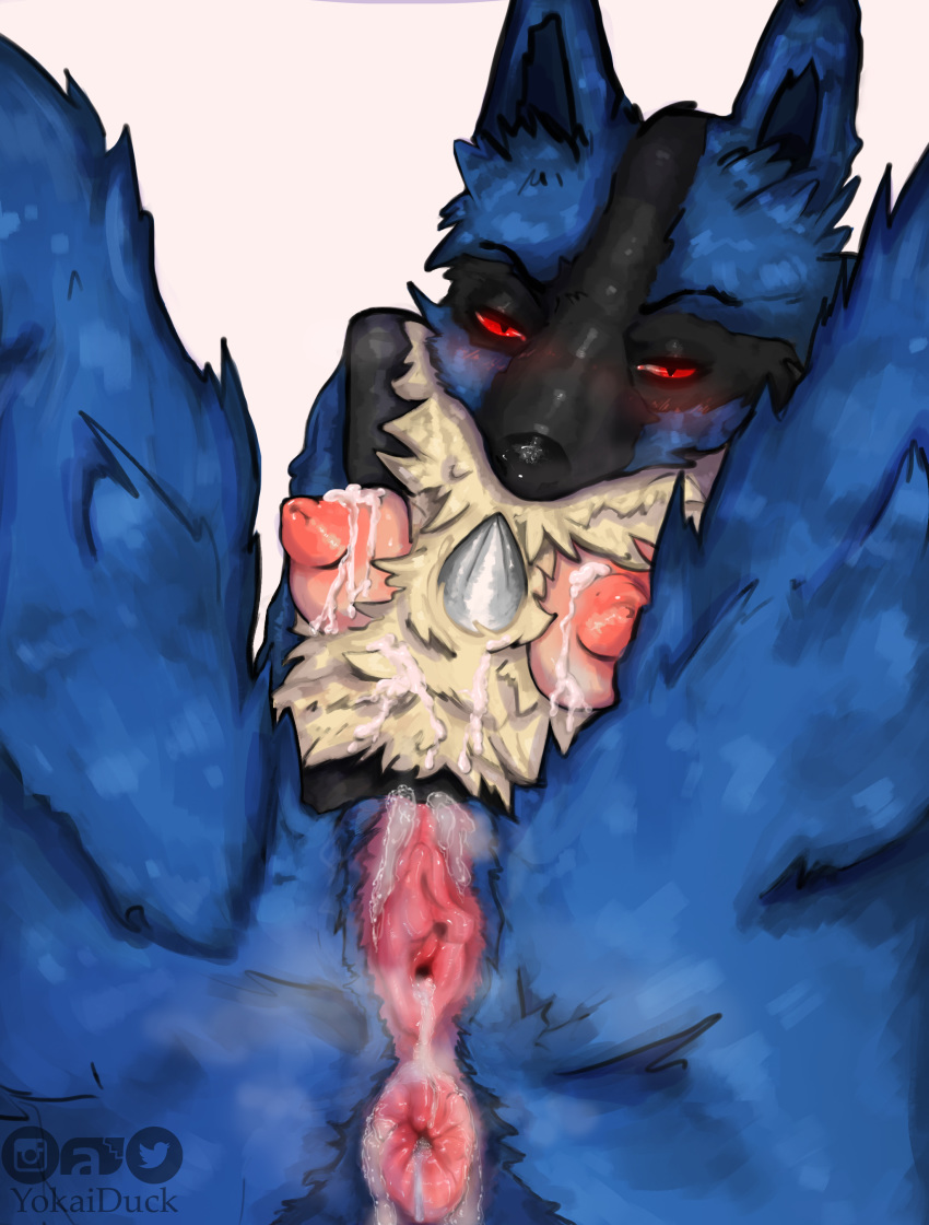 absurd_res anthro anus ass_up big_nipples blue_body blue_butt blue_fur blush bodily_fluids breasts butt canid canine close-up cum cum_in_pussy cum_inside cum_on_breasts cum_on_butt cum_on_chest cum_on_pussy cumshot ejaculation female fluid_on_breasts fur gaping gaping_pussy genital_fluids genitals hi_res inner_ear_fluff lucario lying mammal nintendo nipples on_back pink_pussy pok&eacute;mon pok&eacute;mon_(species) presenting presenting_anus presenting_pussy pubes pussy red_eyes solo steam sweat sweaty_breasts sweaty_genitalia tuft video_games yellow_body yellow_fur yokaiduck