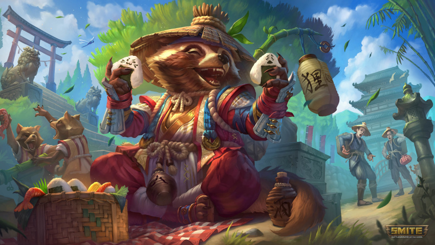 16:9 2020 4k absurd_res amazing_background anthro armor asian_mythology brown_body brown_fur canid canine clothing danzaburou-danuki_(smite) detailed_background east_asian_mythology foo_dog food fur group hat headgear headwear hi_res human humanoid_hands japanese_mythology komainu male mammal mythology official_art onigiri outside raccoon_dog robe sculpture sitting smite statue tanuki unknown_artist widescreen yōkai