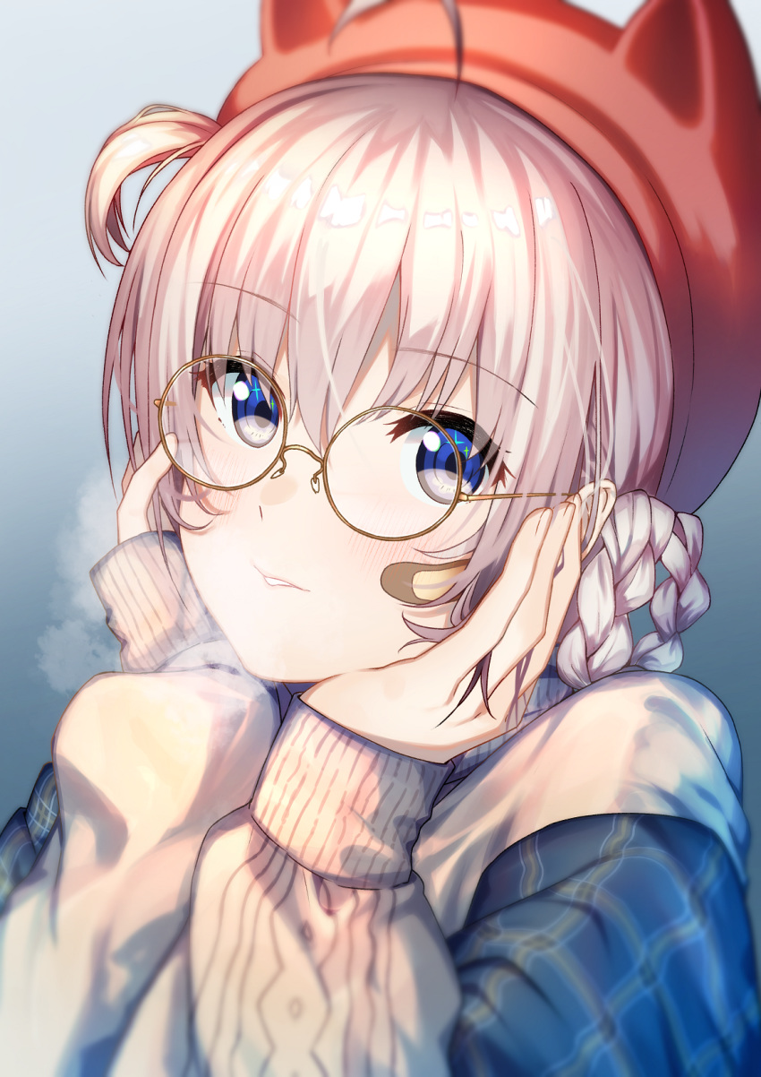 1girl ahoge animal_ears aogiri_koukou_game_club bandaid bandaid_on_face blue_background blue_eyes blue_jacket braid character_request eyebrows_visible_through_hair fake_animal_ears glasses hair_between_eyes hands_on_own_cheeks hands_on_own_face hat heavy_breathing highres jacket long_sleeves one_side_up plaid plaid_jacket red_headwear round_eyewear short_hair silver_hair simple_background solo sweater tunamayochan upper_body white_sweater