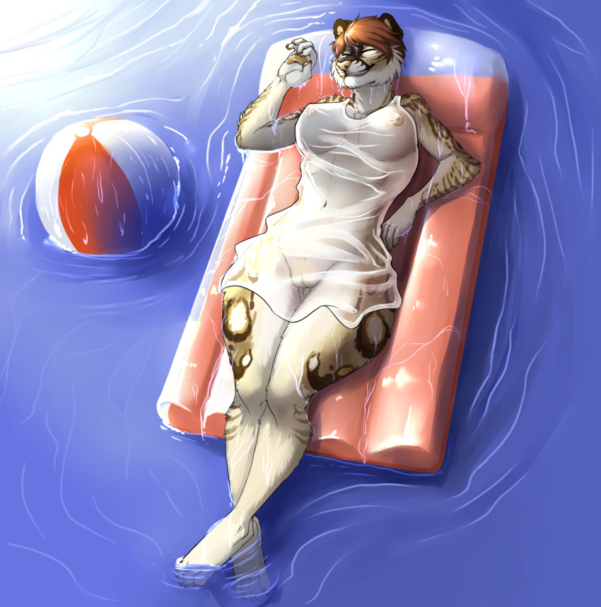 anthro ball beach_ball bottomless breasts clothed clothing felid feline female fur genitals hair hi_res lake_halliwell lynx mammal nipples pool_float pussy shapeshifterprincess smile solo topwear translucent translucent_clothing water wet wet_clothing