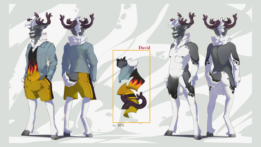 16:9 4k absurd_res anthro antlers balls big_balls big_penis bottomwear capreoline cervid clothed clothing genitals hi_res hooves horn male mammal model_sheet nude okata open_clothing open_shirt open_topwear penis reindeer shirt shorts solo standing topwear unguligrade_anthro widescreen