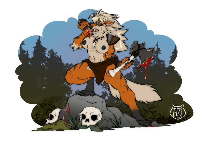 2020 4_toes 5_fingers anthro arcanine areola arm_tuft armor athletic athletic_anthro athletic_female axe azaleesh barefoot black_areola black_nipples black_nose black_stripes blood blood_on_face blood_on_ground blood_on_hand blood_on_weapon bodily_fluids bone bracers breasts claws clothed clothing coltron20 digital_media_(artwork) elbow_tufts female fingers foot_on_rock forest fur hair holding_axe holding_object holding_weapon jewelry licking licking_blood loincloth looking_at_viewer melee_weapon multicolored_body multicolored_fur muscular muscular_anthro muscular_female navel necklace nintendo nipples open_mouth orange_body orange_fur outside partially_clothed pawpads paws pok&eacute;mon pok&eacute;mon_(species) ragna_flamedottir rock self_lick shoulder_pads skull solo standing striped_body striped_fur stripes tan_body tan_fur teeth toe_claws toes tongue tongue_out tooth_necklace topless topless_female tree tuft two_tone_body two_tone_fur video_games viking warrior weapon