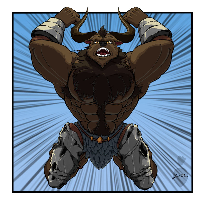 1:1 2020 absurd_res anthro armor armpit_hair body_hair bovid bovine cattle chest_hair clothing damaged_armor fur hair hi_res horn male mammal muscular muscular_anthro muscular_male russell solo teeth underwear yanidesu