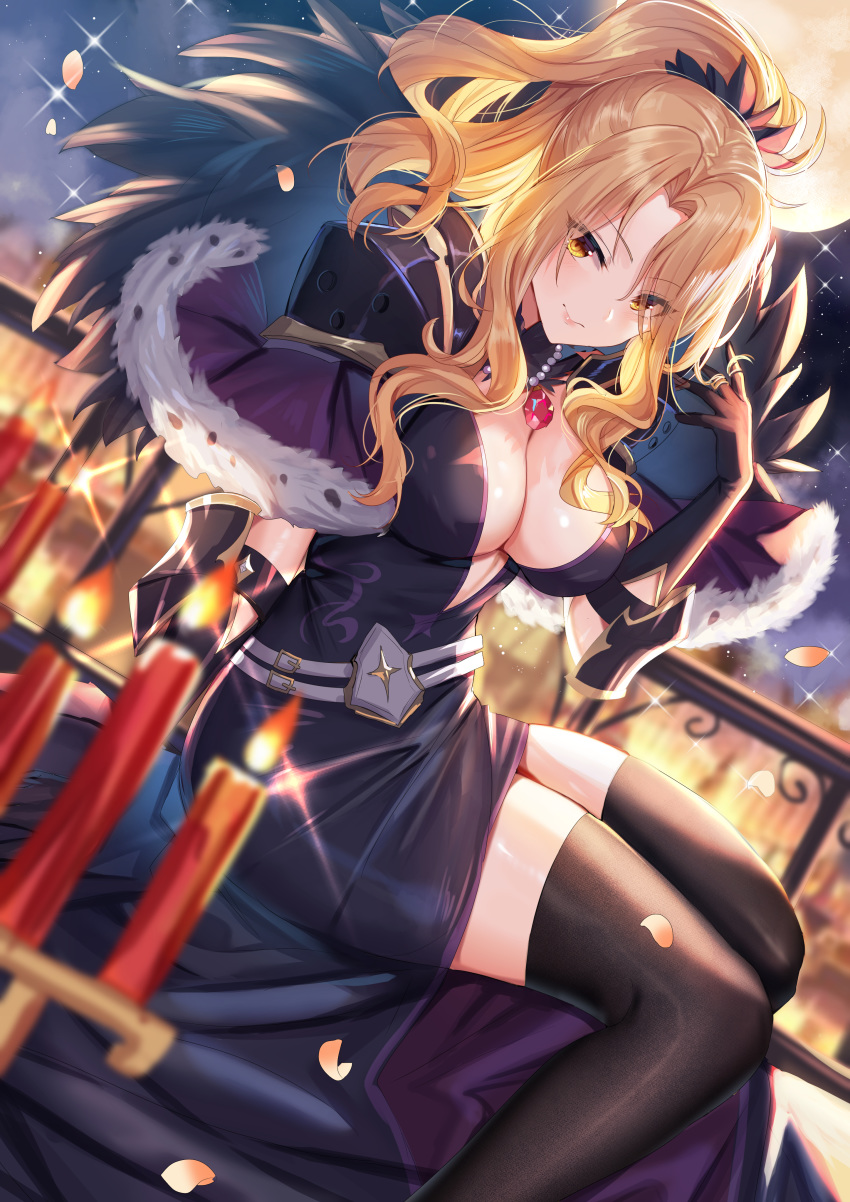 1girl absurdres black_gloves black_legwear blonde_hair breasts candle capelet christina_(princess_connect!) cleavage closed_mouth full_moon fur-trimmed_capelet fur_trim gejigejier gem gloves hand_up highres jewelry large_breasts lips long_hair looking_at_viewer moon necklace night night_sky outdoors ponytail princess_connect! princess_connect!_re:dive sitting sky solo thighhighs thighs yellow_eyes zettai_ryouiki