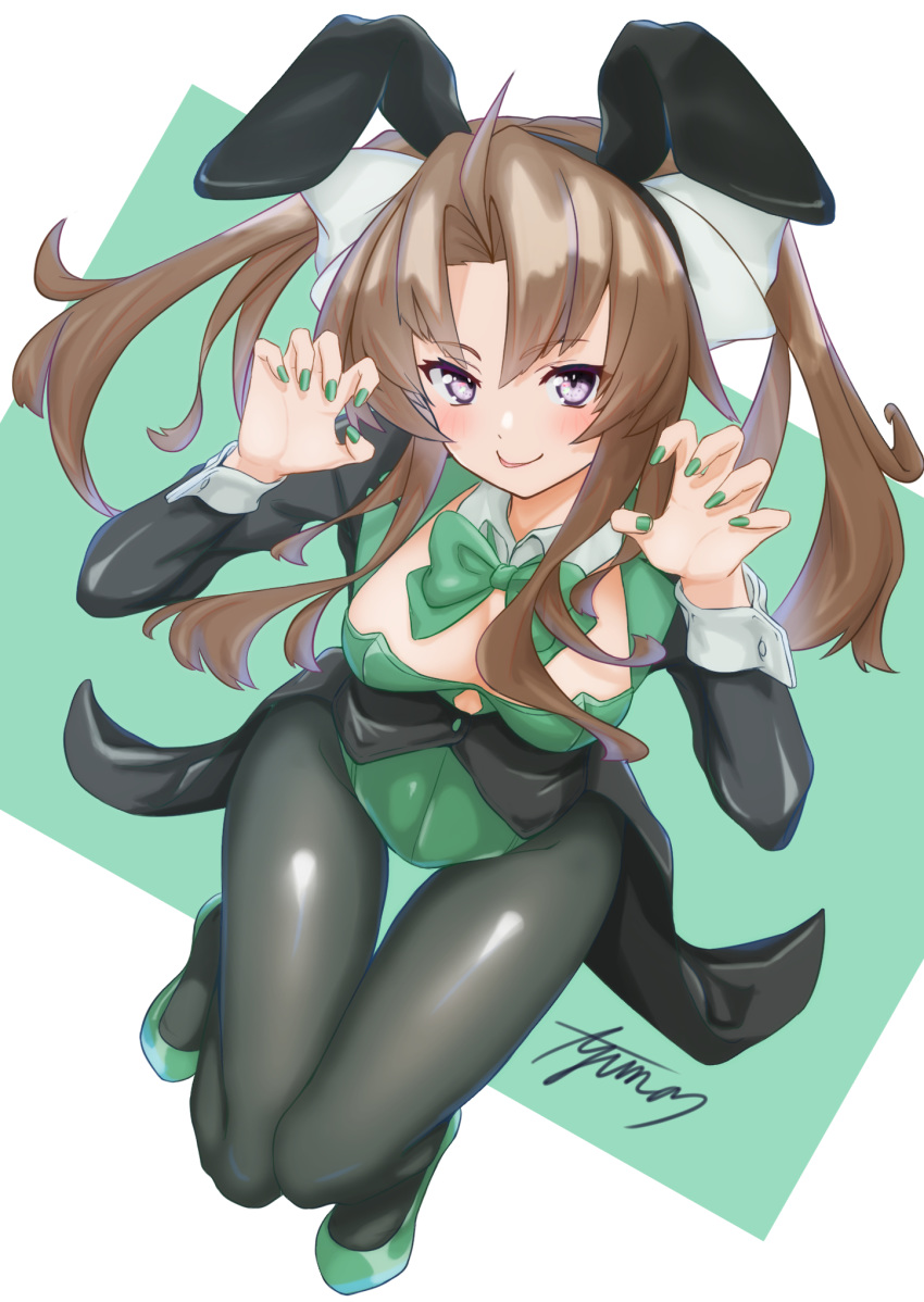 1girl :p ahoge animal_ears ayuman black_jacket black_legwear blue_background bow bowtie breasts brown_hair bunny_ears cleavage coattails covered_navel detached_collar eyebrows_visible_through_hair fake_animal_ears from_above green_footwear green_leotard green_ribbon hair_ribbon high_heels highres jacket kagerou_(kantai_collection) kantai_collection leotard long_hair looking_at_viewer looking_up nail_polish pantyhose playboy_bunny purple_eyes ribbon small_breasts solo strapless strapless_leotard tongue tongue_out twintails white_background wing_collar wrist_cuffs