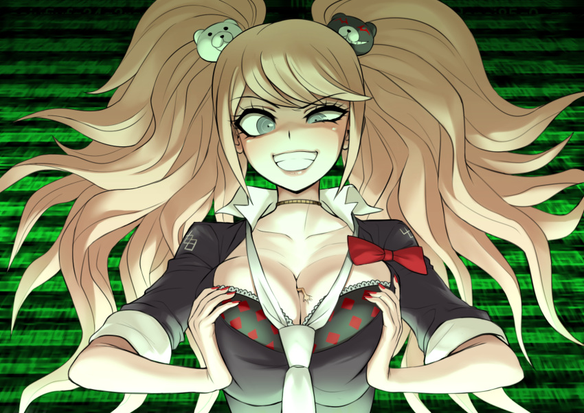 1girl akisora bangs bear_hair_ornament black_bra blonde_hair blue_eyes bow bra breast_press breasts choker cleavage collarbone commentary_request danganronpa danganronpa_1 enoshima_junko evil_grin evil_smile frilled_bra frills grin hair_ornament half-closed_eye highres large_breasts long_hair looking_at_viewer miniboy necktie person_between_breasts red_bow red_bra red_nails school_uniform sleeves_rolled_up smile solo_focus twintails two-tone_bra underwear white_neckwear