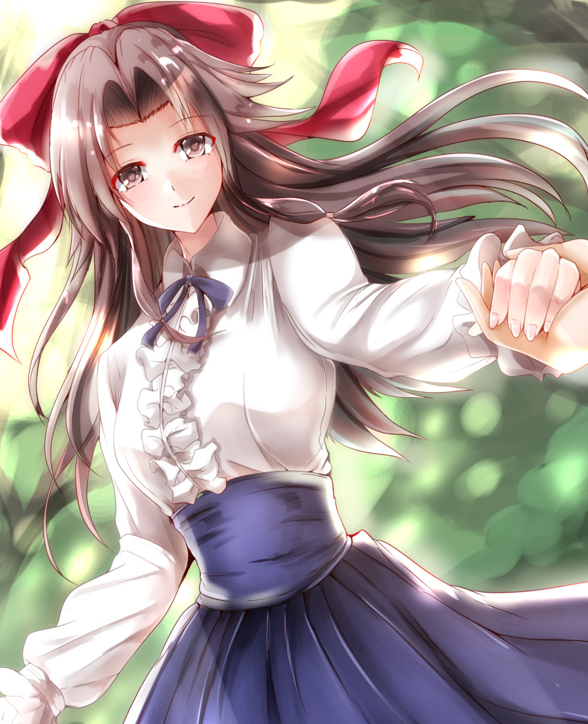1girl 1other alternate_costume blouse bow breasts brown_eyes brown_hair corset dutch_angle hair_bow hair_intakes half_updo high-waist_skirt highres holding_hands jintsuu_(kantai_collection) kantai_collection kentan_(kingtaiki) long_hair long_sleeves looking_at_viewer medium_breasts meme_attire neck_ribbon purple_ribbon purple_skirt red_bow ribbon skirt smile solo suspender_skirt suspenders virgin_killer_outfit white_blouse
